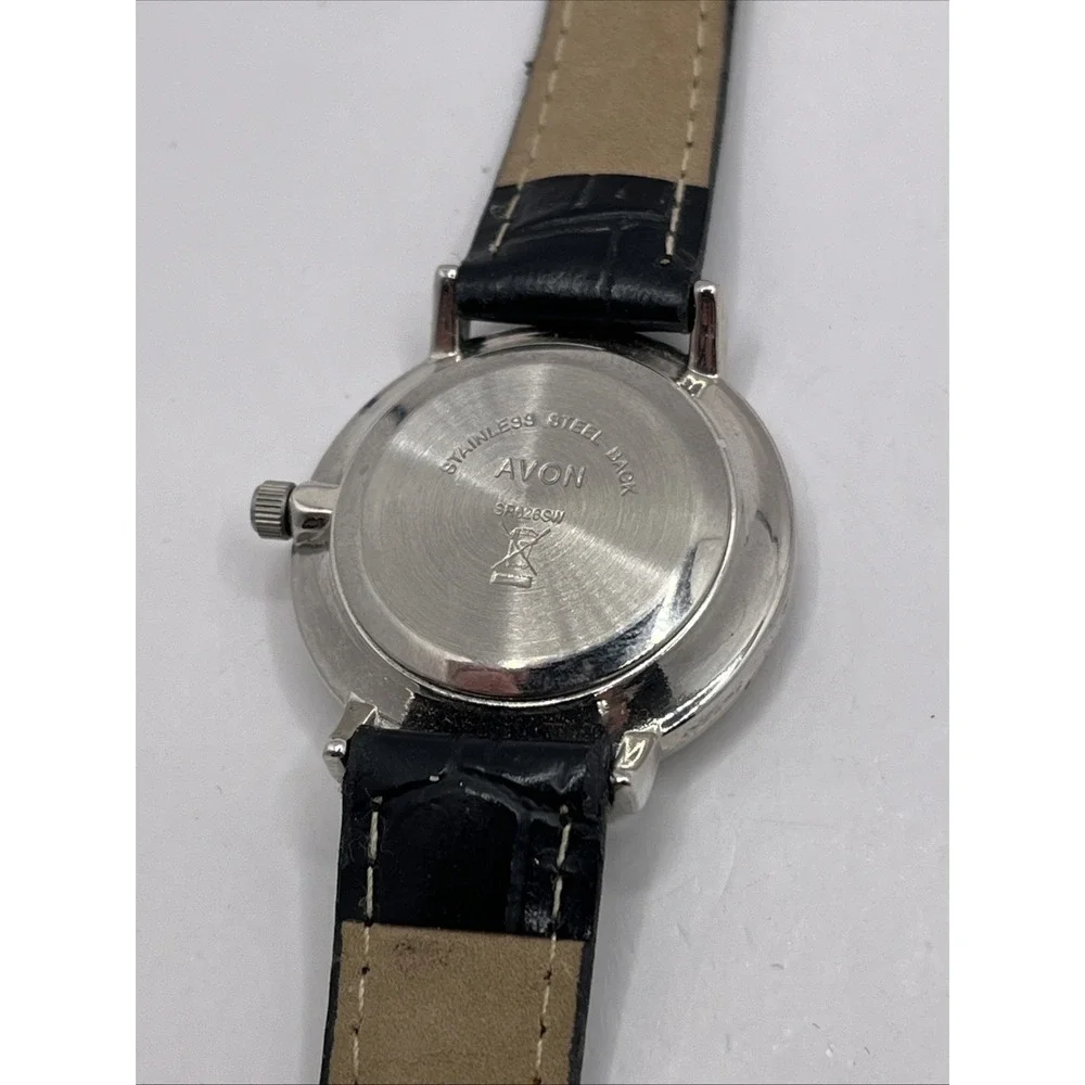 Avon Women's‎ Quartz Watch Rhinestone Bezel Black Band 30mm- New Battery